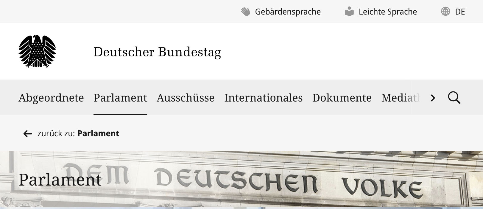 Screenshot von der Seite Bundestag.de